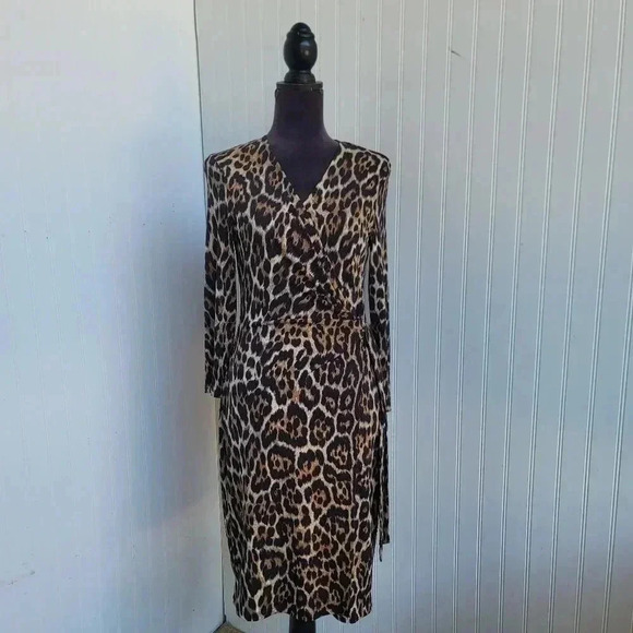 Anne Klein Women’s Faux Wrap Dress Animal Abstract Brown Black Stretch Sz 6 - Picture 1 of 15